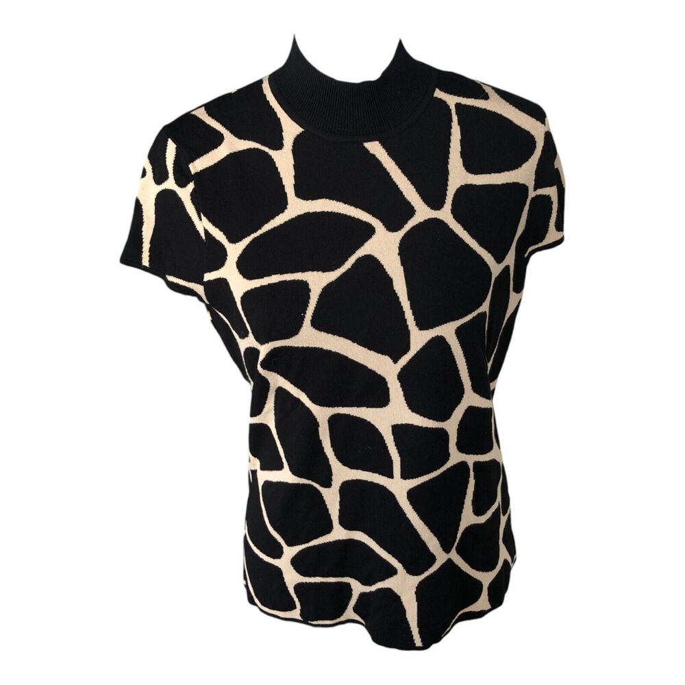 Jones New York Collection Tan and Black Animal Print Short Sleeve Turtleneck M